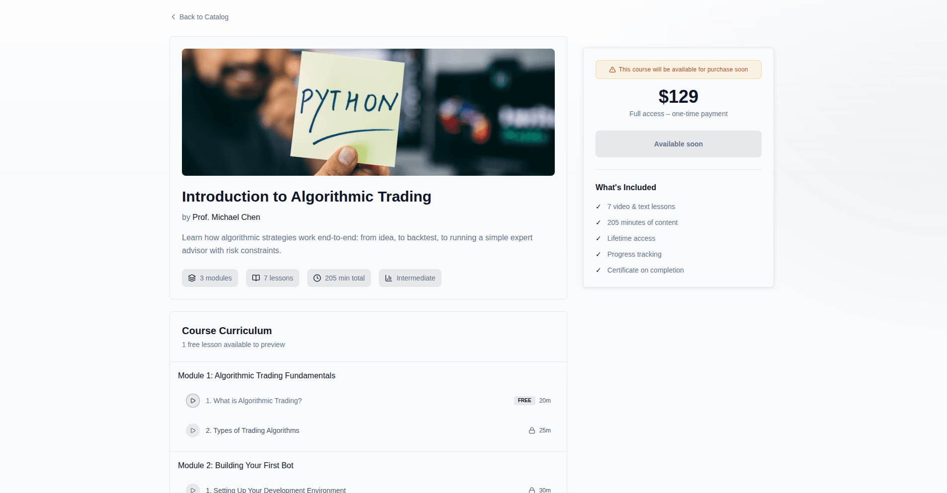 EdifyTrade course detail — curriculum with free preview and locked lessons, and a purchase state marked available soon