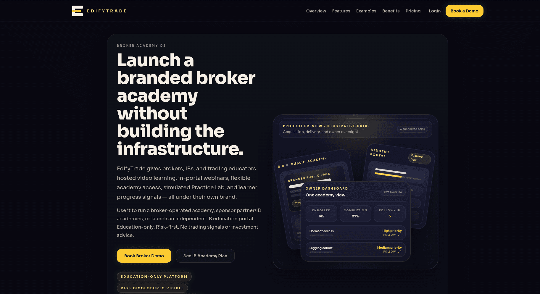 EdifyTrade — Broker Academy OS homepage showing the public academy, student portal, and owner dashboard surfaces
