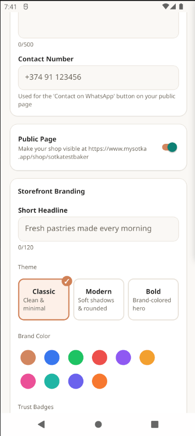 Sotka storefront branding screen showing public page customization