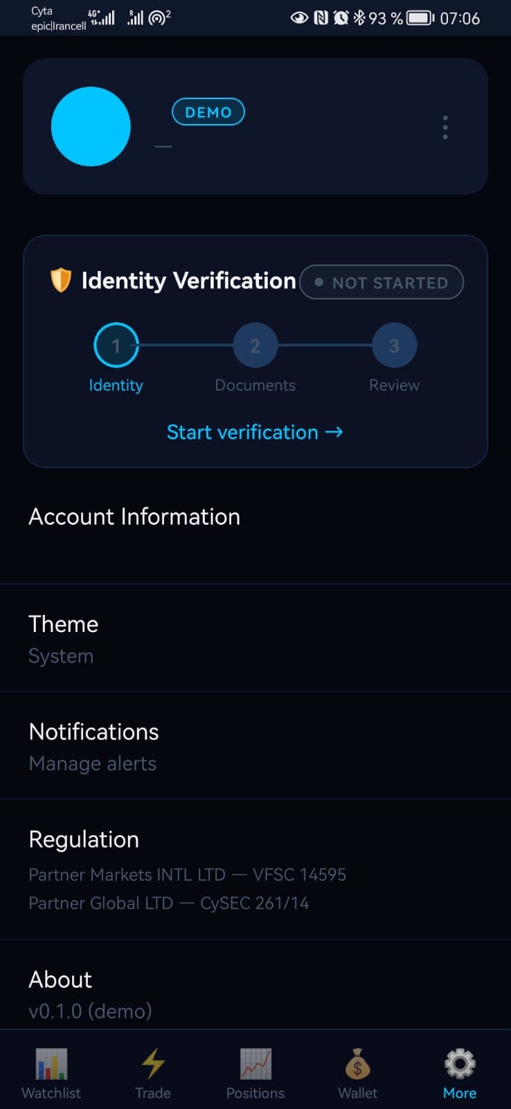 Veralis Mobile — watchlist with real-time price streaming
