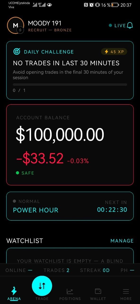 Volt Mobile — arena dashboard with a no-trades daily challenge, account balance, and Power Hour countdown
