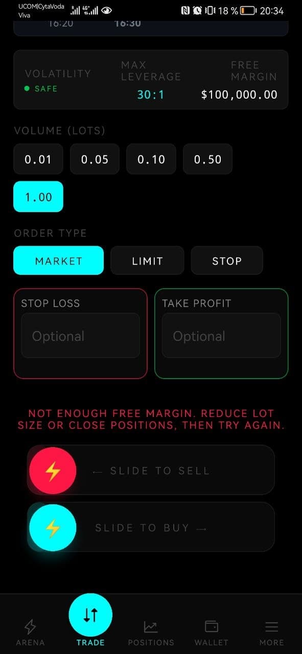 Volt Mobile — swipe-to-strike execution with stop loss and take profit, blocked by a free-margin guard