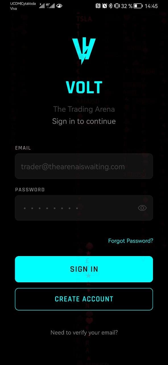 Volt Mobile — branded sign-in screen for The Trading Arena
